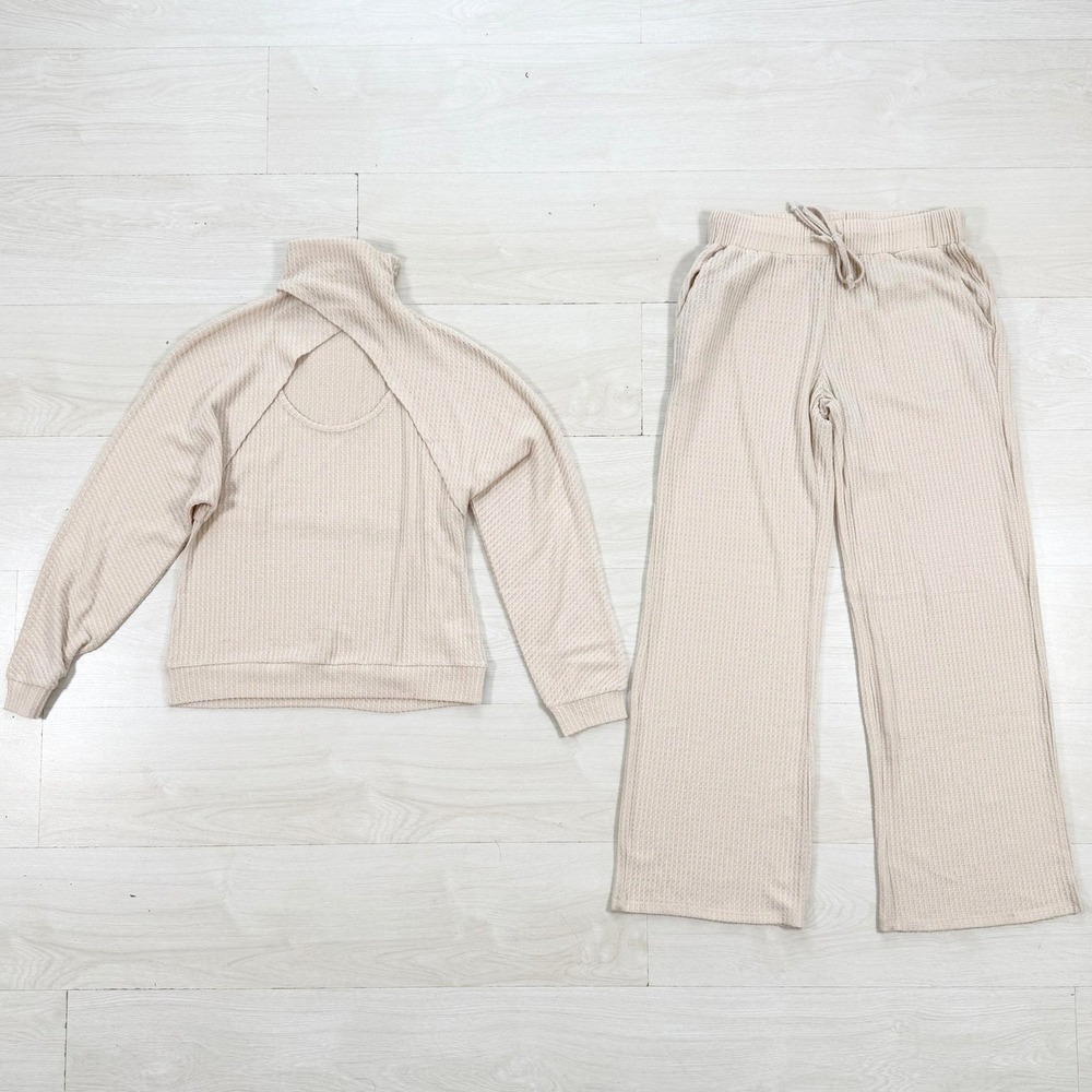 Venus‎ 2 Piece Set Womens Small Beige Waffle Knit Top Wide Leg Pants Cozy Lounge